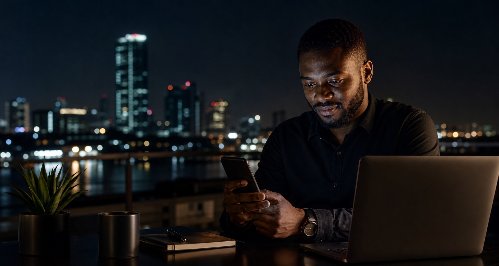 Entrepreneur à Kinshasa vérifiant une transaction sur son téléphone