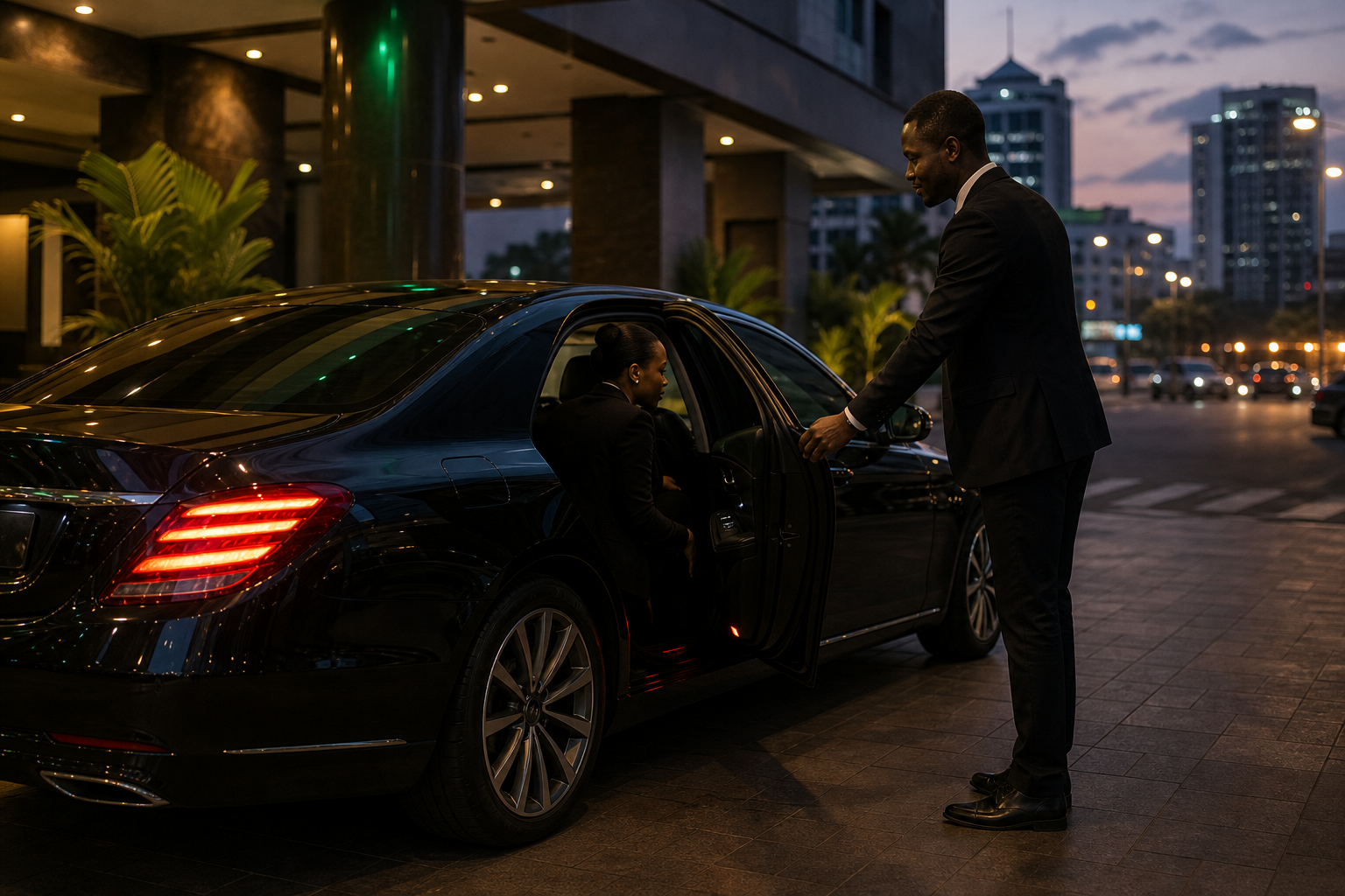 Chauffeur VTS professionnel accueillant une cliente d entreprise a Kinshasa