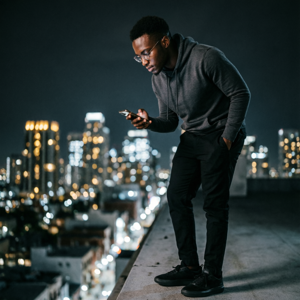 Homme utilisant son smartphone à Kinshasa la nuit