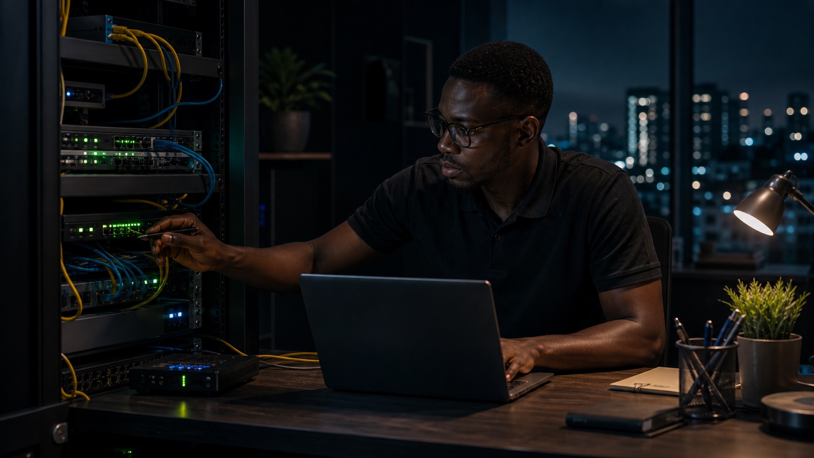Technicien vérifiant un équipement réseau pour l'hébergement web