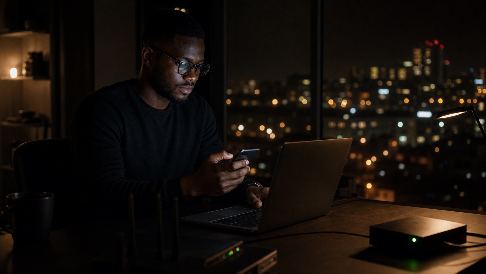 Professionnel utilisant un laptop et un smartphone pour un accès VPN privé